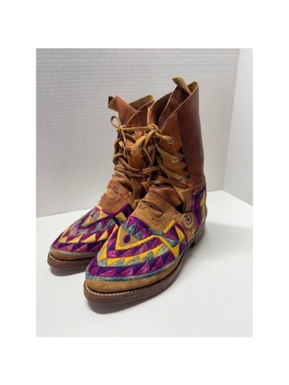 Handcrafted Leather Lace Up Boots Indigenous Southwestern Multi Color Women 8
